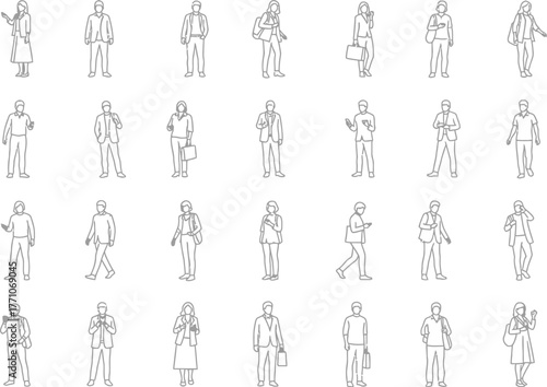 Abstract black and white line art depicting a grid of stylized human figures in various dynamic poses and abstract forms