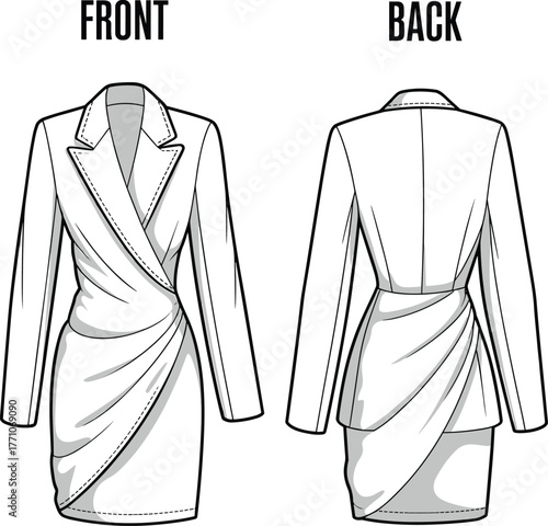 Women’s blazer dress fashion illustration, technical garment sketch front and back view, tailored jacket dress with lapel collar, ruched wrap design, apparel template drawing