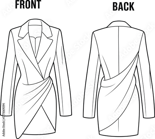 Women’s blazer dress fashion illustration, technical garment sketch, asymmetrical wrap skirt design, tailored jacket dress template, front and back view, apparel flat drawing, vector outline