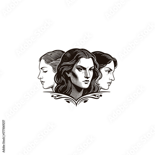 Vintage Hecate three faces vector illustration. Engraving style image of three women's portraits representing the maiden, mother, and crone, or destiny and femininity