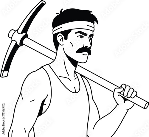 Rugged man with mustache and headband carries a pickaxe over his shoulder ready for hard work