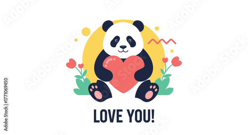 A charming cartoon panda sits smiling with a red heart, surrounded by playful abstract shapes and flowers, with a \.