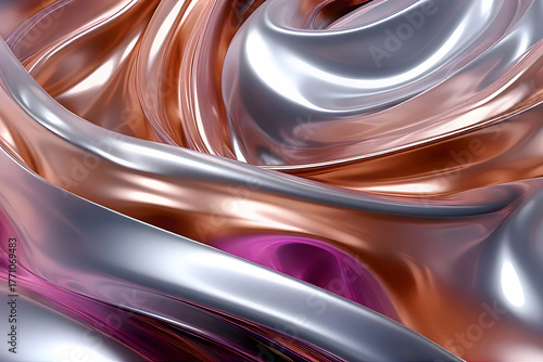 3D Metallic Abstract Liquid Texture in Silver and Copper Tones