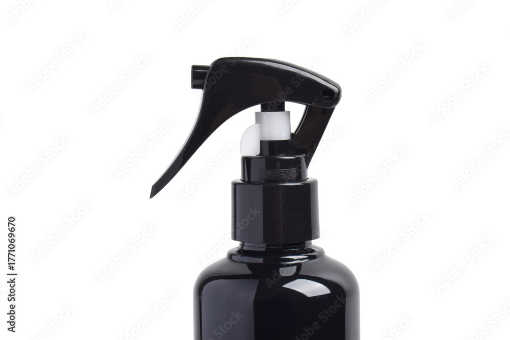 Obraz premium Close up of black spray bottle isolated on white background