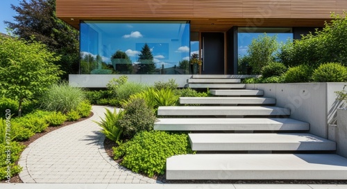 Sleek Modern House Entrance featuring Floating Concrete Steps, Warm Wood Cladding, Large Reflective Glass software, and Lush Green Landscaping with a Paved Garden Path on a Bright Day