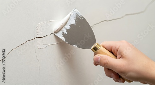 Close-up of a person's hand using a metal putty knife to apply white spackle to a crack in a light-colored wall during home renovation or repair.