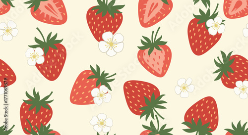 Charming seamless pattern with vibrant hand-drawn red strawberries, both whole and halved, alongside delicate white blossoms on a cream background.