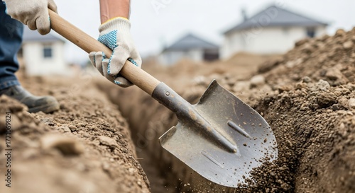 Close-up of a person wearing work gloves digging a trench with a shovel, moving dirt on a construction site with houses in the background.