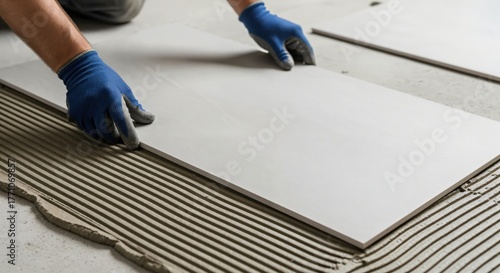 Professional worker installing new ceramic floor tiles with adhesive mortar, home renovation and construction project