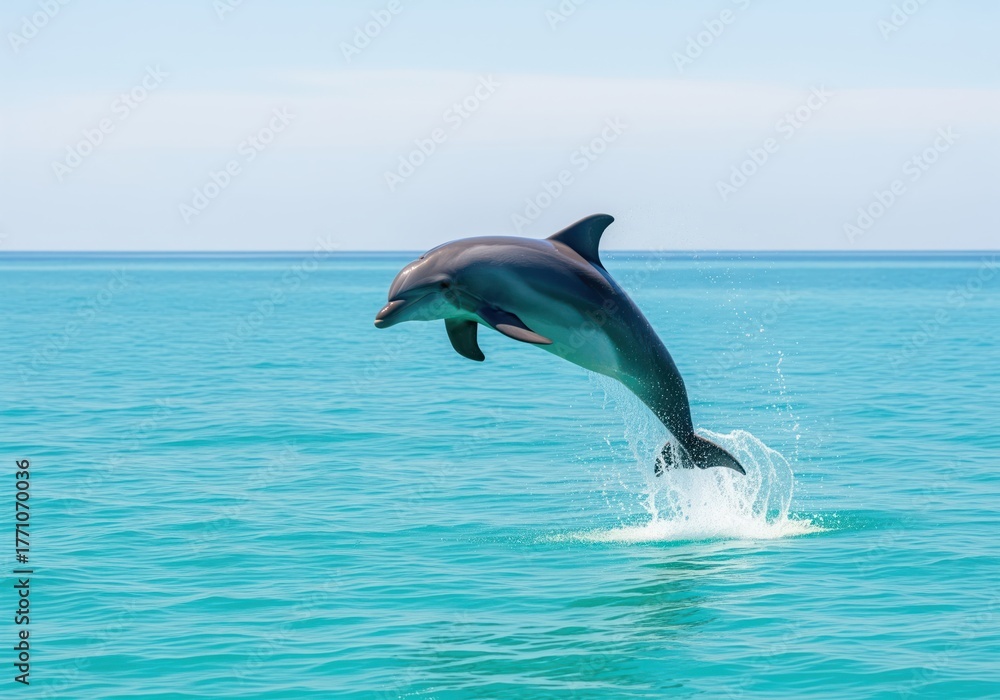 Obraz premium Majestic dolphin jumping from the surface of bright aquamarine ocean water creating a splash.