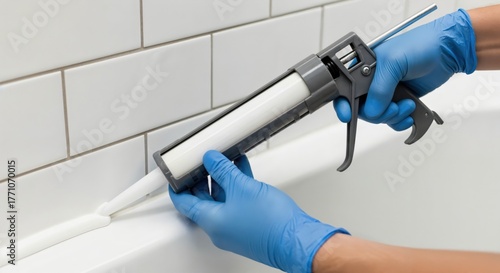 Person in blue gloves applying white silicone caulk with a caulk gun to seal the gap between a bathtub and ceramic subway tiles during bathroom renovation.