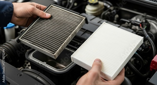 Hands of a mechanic or car owner holding a dirty, used cabin air filter and a clean, new one, demonstrating the importance of regular vehicle maintenance and replacement.