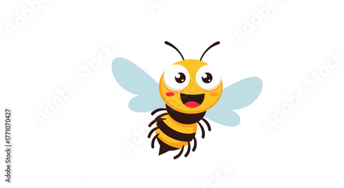 A cheerful and friendly cartoon bee illustration, buzzing happily with its light blue wings on a bright white background, conveying joy and nature.