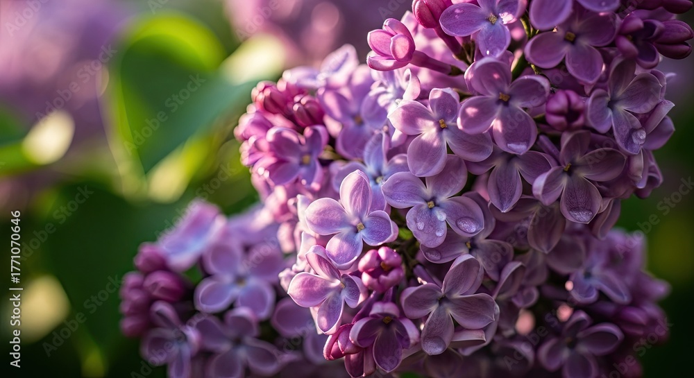 Fototapeta premium Close-up of vibrant purple lilac flowers, adorned with delicate water droplets, blooming in soft natural light, highlighting the intricate beauty of spring.