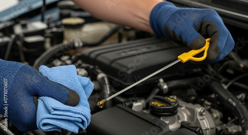 Mechanic wearing blue gloves checking car engine oil level with a dipstick and microfiber cloth during vehicle maintenance.