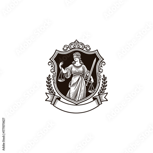 Vintage Lady Justice crest logo vector illustration. Engraving style emblem featuring Justitia holding the sword of punishment and the scales of balance, framed by a shield, laurel wreath