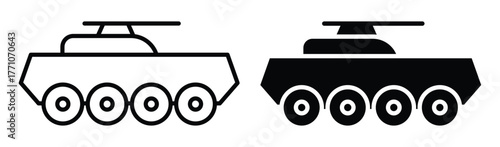 Black and White Icons of Military Armored Vehicles with Tanks on Top