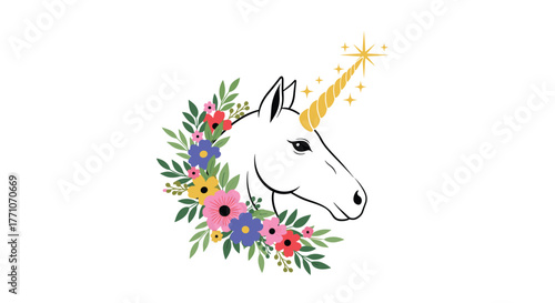 Whimsical unicorn head illustration with a glowing golden horn and a vibrant floral wreath, embodying magic, fantasy, and grace.
