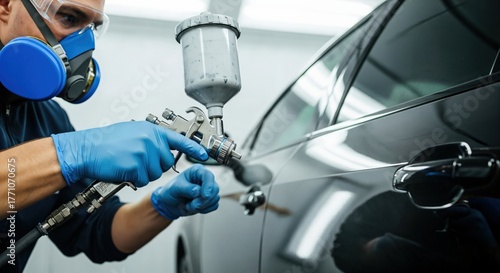 Professional auto body painter wearing protective gear spraying black car with paint gun in a workshop.