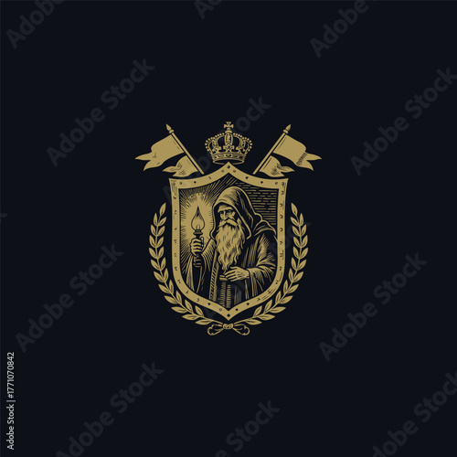 Vintage wizard or sage crest logo vector illustration. Engraving style emblem featuring an old man with a beard and hood holding a torch, framed by a shield, crown, flags, and laurel wreath