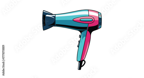A vibrant and modern illustration of a hair dryer, designed with sleek lines and a bold color scheme of blue and pink, set on a white background.