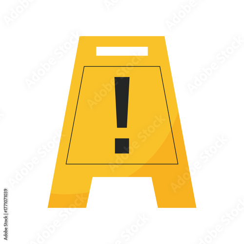 Digital art of a yellow, A-frame caution sign with a black exclamation point, isolated on a white background, creating a simple, clean, and warning atmosphere.
