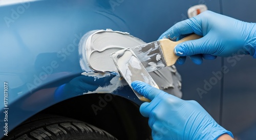 Close-up of gloved hands applying automotive body filler with spatulas to a blue car fender during vehicle repair and restoration