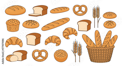 An appealing collection of freshly baked goods featuring a variety of bread loaves, croissants, pretzels, and wheat ears on a white background.