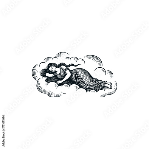 Vintage woman sleeping on a cloud vector illustration. Engraving style image of a calm female figure resting peacefully