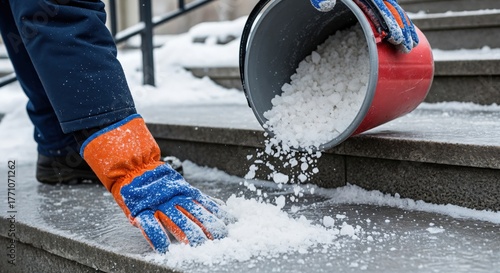 Person in winter gloves pouring de-icing salt from a red bucket onto icy outdoor steps to prevent slips and falls during cold weather