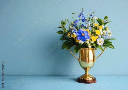Wallpaper Mural A floral arrangement is displayed in a golden trophy on a blue background. Torontodigital.ca