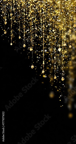 Golden glitter and teardrop beads cascade from above on black background.