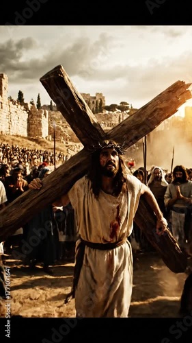 Man carries wooden cross in historical setting with dramatic lighting