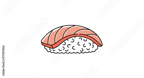 A simple and appealing cartoon illustration of a piece of salmon nigiri sushi, featuring pinkish-orange fish on white rice, set against a clean white background.