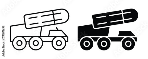 Military Vehicle Icon with Missile Launch System Outline and Solid Design