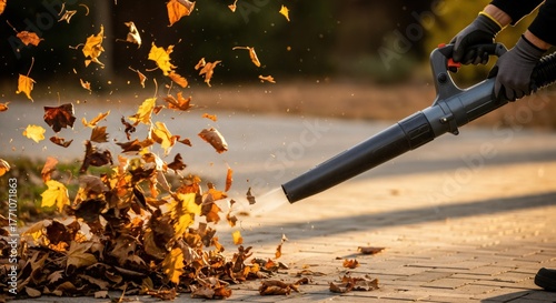 Close-up of a person's gloved hands operating a powerful leaf blower, efficiently clearing a vibrant pile of autumn leaves from a paved outdoor surface during a sunny fall day