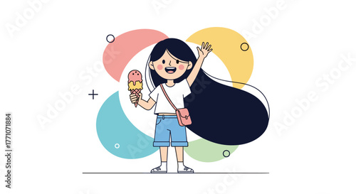 Happy cartoon girl with long dark hair, holding an ice cream cone and waving cheerfully, set against colorful abstract shapes.