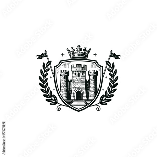 Vintage medieval castle crest logo vector illustration. Engraving style emblem featuring a fortified stone castle or fortress inside a shield, topped with a crown, flanked by flags and a laurel wreath