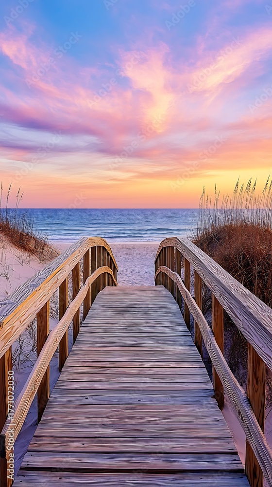 Fototapeta premium Beach Path, Wooden Boardwalk Leading to Ocean, Sand Dunes, Colorful Sunset