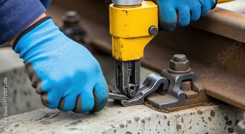 Close-up of a railway maintenance worker in blue protective gloves using a specialized yellow tool to fasten a rail clip on a concrete sleeper.