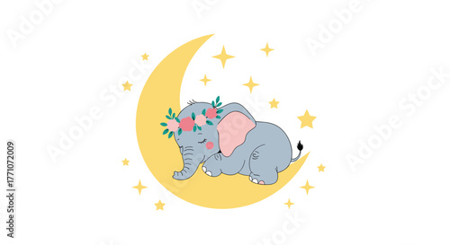 Charming baby elephant wearing a flower wreath soundly sleeping on a gentle crescent moon with sparkling stars in a serene scene.