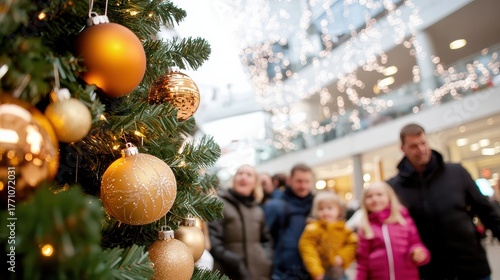 Golden Christmas ornaments on a festive tree with blurred family shopping in a modern mall during holiday season.