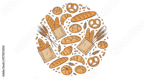 A delightful circular composition of assorted freshly baked bread, pastries, and pretzels, adorned with wheat stalks and scattered grains.