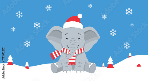 An adorable baby elephant wearing a red Santa hat and striped scarf sits happily in a festive snowy winter wonderland with snowflakes falling.