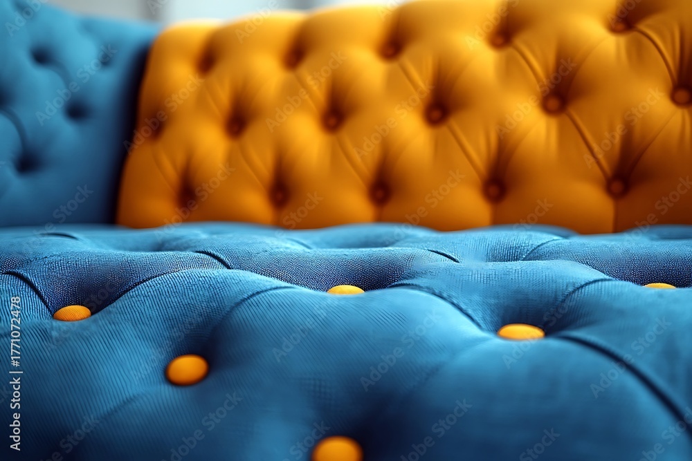 Obraz premium CloseUp of Elegant Blue Tufted Sofa with Bright Goldenrod Backrest Pillows Cushioning