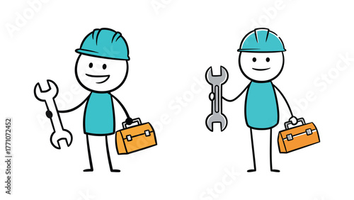 Stylized cartoon stickman characters in protective hard hats, ready with wrenches and toolboxes, representing various technical services