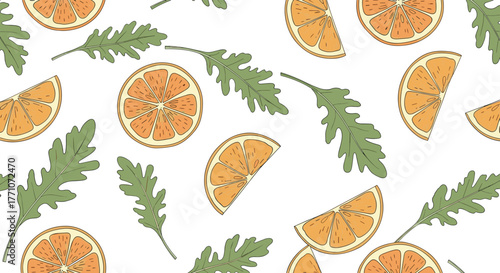 A vibrant and refreshing seamless pattern featuring hand-drawn orange slices and fresh green arugula leaves scattered on a clean white background.