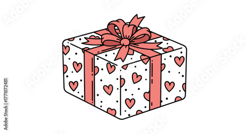 A charming illustration of a gift box wrapped in white paper with pink hearts, black dots, and a matching ribbon and bow on top.