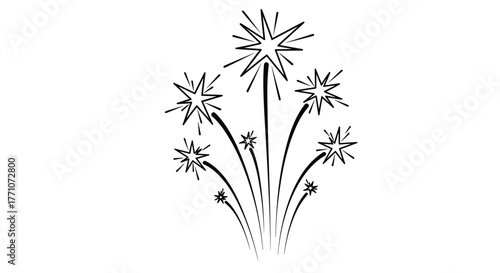 A black and white line drawing depicting fireworks exploding in the night sky, with multiple stars bursting from curved trails.