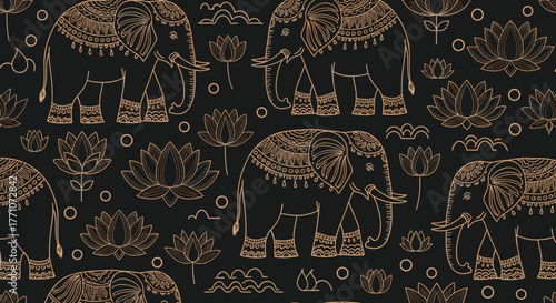 Luxurious seamless pattern of golden outline elephants and lotus flowers on a black background, showcasing ornate Indian ethnic design.
